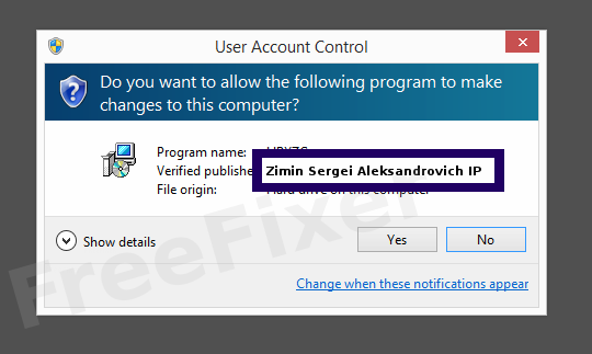 Screenshot where Zimin Sergei Aleksandrovich IP appears as the verified publisher in the UAC dialog